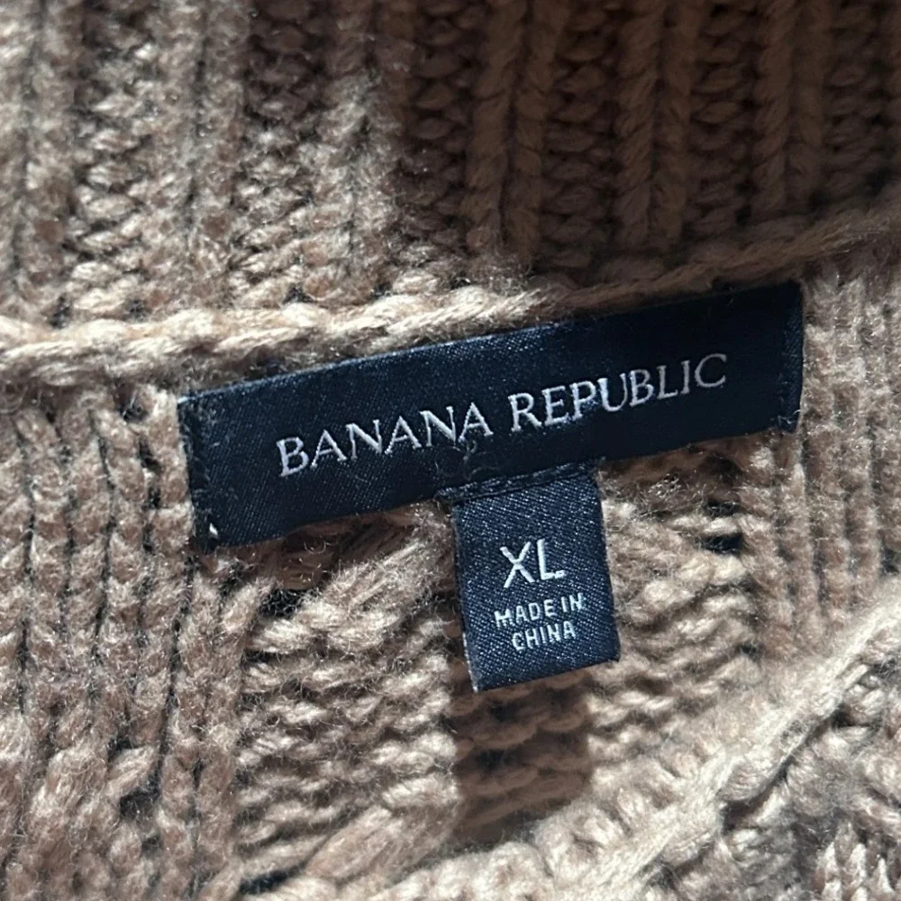 Banana Republic Mens XL Tan‎ Cable Knit Fair Isle Mock Neck Cotton Wool Sweater